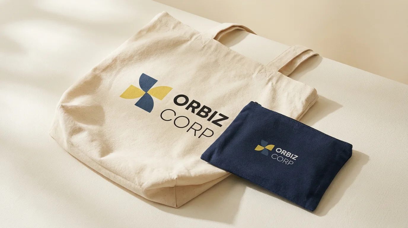 Orbiz Corp logo screen printed on canvas bags